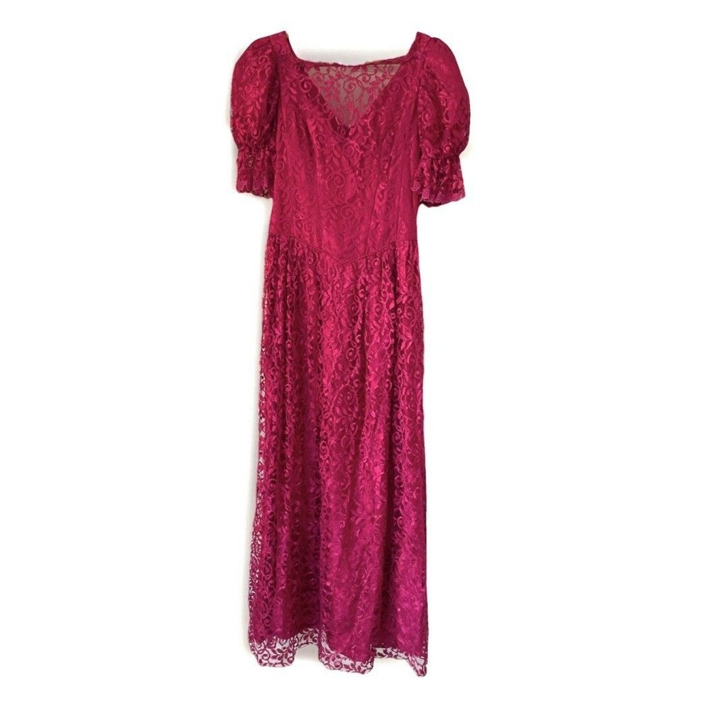 Vtg Magenta Pink 80s Prom Dress Formal JCPenney Bridesmaid Lace Puff Sleeve 9/10